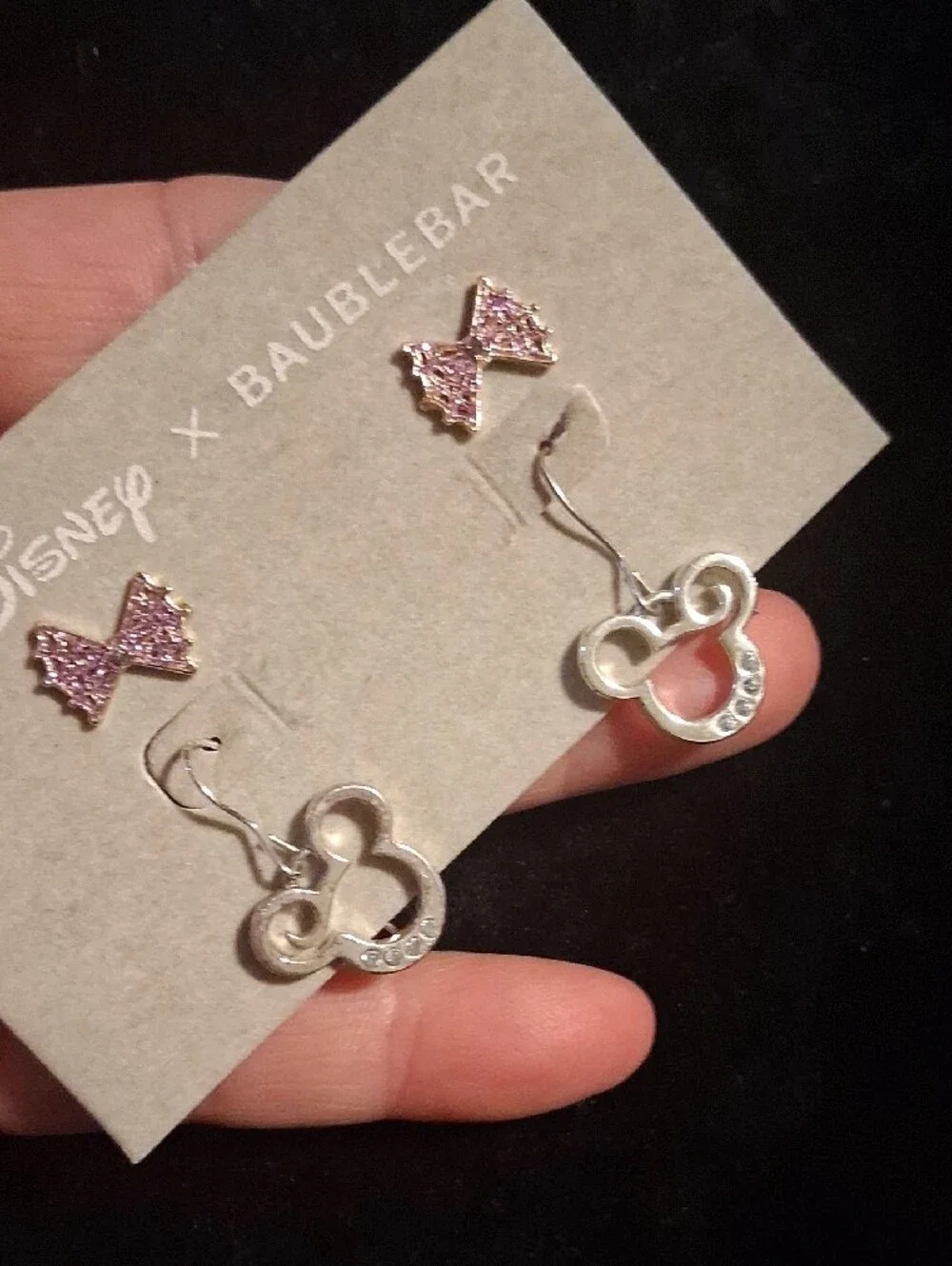 BaubleBar Kids Pink Bow with Silver Mickey Drop Earrings